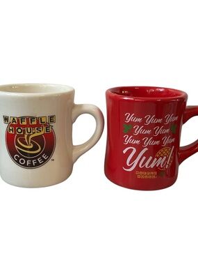 Waffle House Coffee Mug Lot of 2 Classic White Diner & Rare 2018 Red Holiday Mug